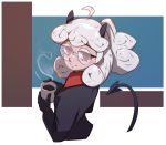  1girl black_gloves black_horns black_jacket black_tail blush breasts business_suit closed_mouth coffee coffee_mug collared_shirt cup curly_hair demon_girl demon_horns demon_tail eyebrows_visible_through_hair formal glasses gloves helltaker highres holding holding_cup horns jacket long_sleeves looking_at_viewer looking_back medium_breasts medium_hair mug pandemonica_(helltaker) ponytail red_eyes red_shirt shirt short_hair simple_background small_breasts smile solo steam suit tail tflame upper_body white_hair 