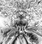  1girl breasts commentary commentary_typo dress electricity english_commentary floating_hair glasses greyscale hands_up large_breasts long_hair looking_at_viewer monochrome one-punch_man psychos smile solo the_golden_smurf underbust 
