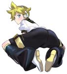  1boy ass blonde_hair blue_eyes detached_sleeves from_behind hair_ornament headset kagamine_len leg_warmers looking_at_viewer male_focus naoko_(naonocoto) ponytail sailor_collar short_hair short_ponytail shorts simple_background soles solo vocaloid white_background 