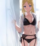  1girl backlighting bangs black_bra black_panties blonde_hair blue_eyes blush bra breasts collarbone collared_shirt curtains dress_shirt garter_belt hair_between_eyes hayasaka_ai hews_hack kaguya-sama_wa_kokurasetai_~tensai-tachi_no_renai_zunousen~ long_hair medium_breasts navel open_clothes open_shirt panties shirt sidelocks underwear white_shirt 