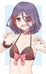  1girl bangs bikini bow bow_bikini bracelet brown_eyes choker claw_pose collarbone eyebrows_visible_through_hair eyepatch eyes_visible_through_hair fang flat_chest hair_between_eyes hayasaka_mirei highres idolmaster idolmaster_cinderella_girls jewelry looking_at_viewer multicolored multicolored_hair multicolored_nails navel o-ring o-ring_choker open_mouth parted_bangs pink_bow pink_nails purple_hair purple_nails red_choker redhead shone short_hair simple_background solo spiked_bracelet spikes stomach streaked_hair swimsuit two-tone_hair upper_body 