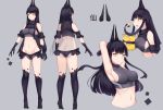  1girl armpits arms_behind_head ass bare_shoulders black_gloves black_hair black_panties bow bow_panties breasts bustier butt_crack character_sheet chips claws covered_nipples donggua_bing_cha eating food full_body gloves grey_background highres horns large_breasts long_hair looking_at_viewer multiple_views navel open_mouth original panties potato_chips prehensile_hair standing stomach thigh-highs underwear yellow_eyes 