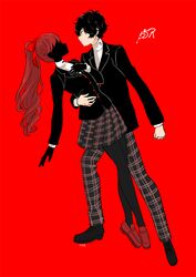  1boy 1girl amamiya_ren arm_around_waist bangs black_footwear black_hair black_jacket blazer clenched_hand copyright_name full_body hair_ribbon jacket limited_palette loafers long_hair long_sleeves pants persona persona_5 persona_5_the_royal plaid plaid_pants plaid_skirt pleated_skirt ponytail red_background red_ribbon redhead ribbon shoes shuujin_academy_uniform silhouette_demon simple_background skirt yasuu! yoshizawa_kasumi 