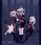  4girls animal_ears armband arms_at_sides arms_up black_gloves black_horns black_jacket black_legwear black_miniskirt black_pants black_skirt black_tail breasts business_suit cerberus_(helltaker) clipboard closed_mouth coffee coffee_cup coffee_mug collared_shirt cup curly_hair demon_girl demon_horns demon_tail disposable_cup dog_ears dog_girl eyebrows_visible_through_hair fang fangs formal full_body glasses gloves helltaker holding holding_clipboard horns jacket long_hair long_sleeves medium_breasts medium_hair miniskirt mug multiple_girls open_mouth pandemonica_(helltaker) pants red_eyes red_shirt shirt short_hair shuuzen_(shu-zen) siblings sisters skirt small_breasts standing suit sweat sweatdrop tail triplets white_hair 