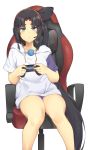  1girl bangs black_hair blue_eyes blush breasts chair closed_mouth controller dualshock fate/grand_order fate_(series) game_controller gamepad hair_bun headphones highres long_hair looking_at_viewer medium_breasts p!nta parted_bangs playstation_controller shirt short_sleeves side_bun side_ponytail sidelocks simple_background sitting thick_eyebrows thighs ushiwakamaru_(fate/grand_order) very_long_hair white_background white_shirt 