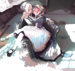  2girls :d apron bonnet breasts commentary_request couch curtains dark_skin earrings hug jewelry long_hair maid maid_apron mary_janes multiple_girls onizuka_furiru open_mouth original photoshop_(medium) red_eyes shoes sitting smile twintails white_hair white_legwear 