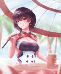  arm_strap azur_lane black_hair breasts bubble_tea drinking_straw earrings georgia_(azur_lane) hair_ornament heterochromia highres jewelry kmrd-fanddi large_breasts palm_tree star star-shaped_eyewear star_earrings table tree umbrella zipper zipper_pull_tab 