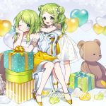  2girls :d ;) balloon bangs bare_shoulders blush bow box braid braided_bangs chair collarbone commentary_request double_bun dress dual_persona flower gift gift_box green_eyes green_hair hair_bow hair_flower hair_ornament hand_up happy_birthday head_in_hand heart_balloon high_heels long_hair morinaka_kazaki multiple_girls nijisanji on_chair one_eye_closed open_mouth puffy_short_sleeves puffy_sleeves see-through shoes short_sleeves sitting smile standing strapless strapless_dress stuffed_animal stuffed_toy swept_bangs teddy_bear virtual_youtuber white_bow white_dress white_flower white_footwear yamabukiiro yellow_footwear 