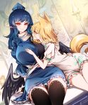  2girls absurdres animal_ears armor bird_wings black_legwear black_wings blonde_hair blue_dress breasts commentary_request covered_navel dark_blue_hair dress eyelashes feathered_wings fox_ears fox_tail frilled_sleeves frills gem hair_between_eyes hand_on_another&#039;s_chest hand_on_another&#039;s_waist hat highres iizunamaru_megumu kudamaki_tsukasa large_breasts lips long_hair looking_at_viewer low_wings medium_hair multiple_girls pantylines pauldrons pointy_ears raptor7 red_eyes ribbon-trimmed_legwear ribbon_trim romper sash shiny shiny_hair shoulder_armor sidelocks sideways_glance single_pauldron smile tail thigh-highs tokin_hat touhou vial wavy_hair white_dress white_sash wide_sleeves wings yellow_eyes zettai_ryouiki 