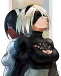  2girls black_blindfold black_hair black_headband blindfold breasts dark_skin dual_persona headband john_crayton juliet_sleeves lips long_sleeves medium_breasts multiple_girls nier_(series) nier_automata parted_lips puffy_sleeves solo soulcalibur soulcalibur_vi upper_body white_blindfold white_hair white_headband yorha_no._2_type_b yorha_no._2_type_p 