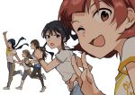  5girls bangs black_hair black_legwear black_pants black_shorts blue_eyes blue_hair blush brown_eyes brown_hair charin closed_eyes closed_mouth crescendo_blue from_side full_body hakozaki_serika idolmaster idolmaster_million_live! kitakami_reika kitazawa_shiho long_hair looking_at_viewer mogami_shizuka multiple_girls nonohara_akane one_eye_closed open_mouth pants red_eyes redhead running shirt shoes short_hair short_sleeves shorts simple_background smile sneakers twintails v white_background white_shirt 