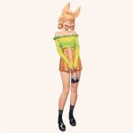 1girl animal_ears arknights bag bow bunny_girl closed_eyes clothing_request green_shirt hair_bow handbag jewelry kroos_(arknights) necklace open_mouth orange_hair orange_skirt rabbit_ears shirt shoes simple_background skirt socks solo tagme white_background wonbin_lee