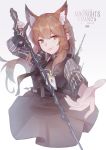  1girl absurdres animal_ears arknights black_dress braid brown_eyes brown_hair closed_mouth commentary_request dress english_text fox_ears fox_girl franka_(arknights) highres huge_filesize saw272 simple_background solo sword weapon white_background 