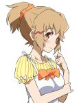  1girl alternate_hairstyle bangs blush bow brown_hair casual chupirinko closed_mouth commentary dress hair_ornament hair_scrunchie hair_up hairclip highres looking_at_viewer orange_bow orange_eyes orange_scrunchie scrunchie senki_zesshou_symphogear shirt short_hair short_ponytail short_sleeves simple_background smile solo tachibana_hibiki_(symphogear) upper_body white_background white_dress yellow_shirt 