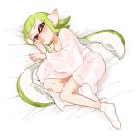  1girl bangs bathrobe bed_sheet blunt_bangs blush commentary dated domino_mask from_above green_hair half-closed_eyes highres inkling long_hair looking_at_viewer lying mask on_bed on_side orange_eyes parted_lips pointy_ears see-through socks solo splatoon_(series) tentacle_hair white_footwear yeneny 