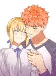  1boy 1girl artoria_pendragon_(all) blonde_hair blue_ribbon bow closed_eyes emiya_shirou eyebrows_visible_through_hair fate/stay_night fate_(series) hair_ribbon highres holding_hands multicolored multicolored_clothes nipi27 orange_hair parted_lips ribbon saber short_hair simple_background smile sparkle white_background 