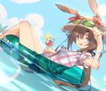  1girl :d amiya_(arknights) animal_ear_fluff animal_ears arknights bangs bendy_straw black_ribbon blue_eyes blue_shorts blue_sky blush breasts brown_hair brown_headwear clouds commentary_request cup day drink drinking_glass drinking_straw dutch_angle ears_through_headwear eyebrows_visible_through_hair flower goggles goggles_on_headwear hair_between_eyes hair_ribbon hat hat_flower holding holding_cup ice ice_cube innertube kildir open_mouth outdoors palm_tree plaid plaid_skirt ponytail puffy_short_sleeves puffy_sleeves rabbit_ears red_flower ribbon short_shorts short_sleeves shorts skirt sky small_breasts smile solo straw_hat transparent tree water 