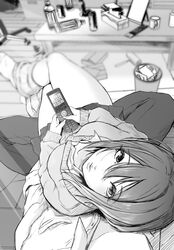  0odrosselo0 1boy 1girl absurdres alcohol beer_can bottle breasts can cardigan cellphone crossed_legs cup from_above greyscale gyaru hetero highres kogal lips long_sleeves looking_at_viewer loose_socks mole mole_under_eye monochrome mug pants phone pleated_skirt pocket pov school_uniform sitting sitting_on_lap sitting_on_person skirt table tissue_box trash_can 