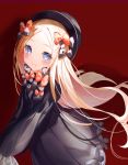  1girl abigail_williams_(fate/grand_order) bangs black_bow black_dress black_headwear blonde_hair blue_eyes blush bow breasts closed_mouth dress fate/grand_order fate_(series) forehead hair_bow hat long_hair long_sleeves looking_at_viewer merryj multiple_bows orange_bow parted_bangs ribbed_dress sleeves_past_fingers sleeves_past_wrists small_breasts smile white_bloomers 
