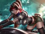  1girl armor belt black_legwear blurry blurry_background boobplate breastplate breasts brown_eyes brown_hair final_fantasy final_fantasy_vii final_fantasy_vii_remake gloves headband impossible_armor jessie_rasberry large_breasts liang_xing lips long_hair looking_at_viewer midriff night ponytail rain red_headband shorts shoulder_armor signature solo thigh-highs 