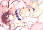  1girl absurdres bangs blush bow breasts brown_hair eyebrows_visible_through_hair frills hair_ornament highres holding jewelry looking_at_viewer lying miwabe_sakura navel on_back original ring scan small_breasts solo underwear underwear_only violet_eyes 