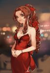  1girl aerith_gainsborough bare_arms bare_shoulders blurry blurry_background bracelet braid breasts brown_hair ciloranko city_lights collarbone cowboy_shot depth_of_field dress final_fantasy final_fantasy_vii final_fantasy_vii_remake flower green_eyes hair_ribbon jewelry long_hair medium_breasts necklace night outdoors red_dress ribbon smile solo strapless strapless_dress 