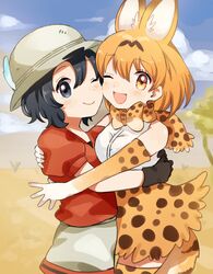  2girls animal_ears bare_shoulders black_hair blonde_hair blue_eyes blush bow bowtie commentary_request cowboy_shot elbow_gloves extra_ears eyebrows_visible_through_hair gloves hat_feather helmet high-waist_skirt highres hug kaban_(kemono_friends) kemono_friends multiple_girls one_eye_closed pith_helmet print_gloves print_legwear print_neckwear print_skirt red_shirt serval_(kemono_friends) serval_ears serval_print serval_tail shirt short_hair short_sleeves shorts skirt sleeveless suicchonsuisui t-shirt tail thigh-highs white_shirt yellow_eyes zettai_ryouiki 