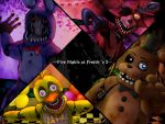  balloon blue_eyes bonnie_(fnaf) checkered checkered_floor chica commentary_request copyright_name five_nights_at_freddy&#039;s five_nights_at_freddy&#039;s_2 foxy_(fnaf) freddy_fazbear hallway highres horror_(theme) indoors looking_at_viewer teeth violet_eyes yakou_(pixiv10740516) yellow_eyes 