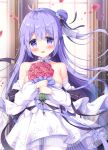  1girl :d azur_lane bangs bare_shoulders black_bow black_ribbon blurry blurry_background blush bouquet bow breasts collarbone commentary_request depth_of_field detached_sleeves dress eyebrows_visible_through_hair flower hair_between_eyes hair_bun hair_ribbon highres holding holding_bouquet indoors long_hair long_sleeves looking_at_viewer medium_breasts one_side_up open_mouth pantyhose petals puffy_long_sleeves puffy_sleeves purple_hair red_flower red_rose ribbon rose satsuki_yukimi see-through side_bun smile solo standing strapless strapless_dress unicorn_(azur_lane) very_long_hair violet_eyes white_dress white_legwear white_sleeves 