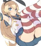  1girl alchera black_hairband black_neckwear black_panties blonde_hair blue_sailor_collar chestnut_mouth crop_top grey_eyes hairband highleg highleg_panties kantai_collection long_hair microskirt miniskirt neckerchief outstretched_arms panties sailor_collar shimakaze_(kantai_collection) simple_background skirt solo striped striped_legwear thigh-highs underwear white_background 