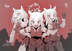  3girls animal_ears armband black_gloves black_neckwear black_pants black_shorts black_vest breasts cerberus_(helltaker) collared_shirt demon_girl demon_tail dog_ears eyebrows_visible_through_hair fang fangs formal gloves hands_on_hips hands_up helltaker highres long_hair long_sleeves looking_at_viewer matching_outfit medium_breasts monster_girl multiple_girls necktie neckwear oishii_ishiwata open_eyes open_mouth pants red_eyes red_shirt shirt shorts siblings sisters small_breasts smile suit tail triplets twins vest white_hair white_tail 
