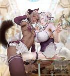  animal_ears apron arm_garter bangs bikini blurry blurry_background blush breasts cat_ears cat_tail choker dark_skin detached_sleeves food frilled_choker frills glass_table gloves grey_hair jug large_breasts leg_garter looking_at_viewer maid open_mouth original popsicle red_eyes short_hair sitting small_breasts standing swimsuit table tail teemu_rasinkangas thigh-highs tongue tongue_out violet_eyes waist_apron watermark web_address white_gloves white_hair 