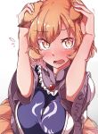  1girl absurdres animal_ears blonde_hair blue_eyes blush breasts covering_head embarrassed flying_sweatdrops fox_ears fox_tail gokuu_(acoloredpencil) hands_on_own_head highres large_breasts looking_at_viewer short_hair slit_pupils solo tail touhou upper_body white_background wide_sleeves yakumo_ran yellow_eyes 