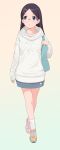  1girl a1 bare_legs black_hair blue_eyes blush full_body glasses hair_ornament hairclip long_hair looking_to_the_side loose_socks miniskirt parted_hair saitou_kaede_(yama_no_susume) shoes simple_background skirt sneakers socks solo standing sweater yama_no_susume 