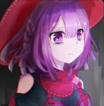  1girl ahoge bags_under_eyes bangs braid breasts cape chromatic_aberration closed_mouth eyebrows_visible_through_hair furrowed_brow hair_between_eyes hat highres magia_record:_mahou_shoujo_madoka_magica_gaiden mahou_shoujo_madoka_magica medium_hair nacky0610 pink_headwear purple_hair sarasa_hanna small_breasts solo soul_gem suspenders violet_eyes 