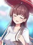  1girl bag blouse blurry blurry_background brown_hair closed_eyes collarbone highres jewelry kantai_collection long_hair looking_at_viewer ooi_(kantai_collection) red_umbrella ring smile solo soramuko umbrella upper_body wedding_band white_blouse 