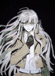  1girl arm_at_side bangs black_gloves braid collared_shirt dangan_ronpa:_trigger_happy_havoc dangan_ronpa_(series) gloves hair_ribbon hand_on_own_chest hand_up jacket kirigiri_kyouko long_hair long_sleeves looking_at_viewer necktie open_clothes pleated_skirt ppap_(11zhakdpek19) ribbon shaded_face shiny shiny_hair shirt side_braid single_braid skirt solo very_long_hair 