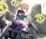  1girl blonde_hair bodysuit copyright_name essual_(layer_world) highres holographic_interface official_art outdoors ruins short_hair sitting solo thigh-highs watermark yellow_eyes zenonzard 