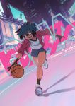  1girl :d animal_ears animal_nose bare_legs basketball black_hair blue_hair brand_new_animal brown_eyes building city claws copyright_name dutch_angle full_body furry highres jacket kagemori_michiru kobu_ride looking_at_viewer multicolored_hair night no_socks open_clothes open_jacket open_mouth outdoors playing_sports raccoon_girl road running shoe_soles shoes short_hair short_shorts shorts skyscraper sleeves_pushed_up smile sneakers solo sport street track_jacket two-tone_hair 