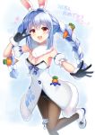  1girl :d animal_ear_fluff animal_ears bangs black_gloves black_leotard blue_hair blush bow braid breasts brown_legwear carrot_hair_ornament commentary_request detached_sleeves dress eyebrows_visible_through_hair food_themed_hair_ornament fur-trimmed_dress fur-trimmed_gloves fur_trim gloves hair_between_eyes hair_bow hair_intakes hair_ornament hand_up highres hololive kaie leotard long_hair looking_at_viewer multicolored_hair open_mouth pantyhose puffy_short_sleeves puffy_sleeves rabbit_ears red_eyes shoes short_eyebrows short_sleeves small_breasts smile solo standing standing_on_one_leg strapless strapless_dress strapless_leotard thick_eyebrows translation_request twin_braids twintails two-tone_hair upper_teeth usada_pekora v_over_eye very_long_hair virtual_youtuber white_bow white_dress white_footwear white_hair white_sleeves 