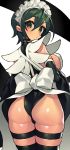  1girl ass back black_legwear blush breasts brown_eyes eyebrows_visible_through_hair green_hair hair_between_eyes highres iroha_(samurai_spirits) itsumo_nokoru long_hair looking_at_viewer maid maid_headdress samurai_spirits short_hair solo thigh-highs thigh_strap 