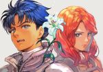  1boy 1girl blue_eyes blue_hair cecily_fairchild closed_mouth flower grey_background gundam gundam_f91 hankuri high_collar jacket medium_hair neckerchief open_mouth orange_hair pilot_suit scarf seabook_arno shirt short_hair upper_body upper_teeth white_flower white_jacket 