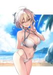  1girl ahoge aqua_bow bangs bare_shoulders bikini blonde_hair blush bow breasts collarbone fate/grand_order fate_(series) hair_bow highleg kodama_yuu large_breasts looking_at_viewer navel okita_souji_(fate)_(all) okita_souji_(swimsuit_assassin)_(fate) open_mouth smile swimsuit white_bikini 