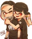  1boy 1girl bandana bangs black_bandana black_gloves black_hair black_shirt blunt_bangs brother_and_sister commentary dated domino_mask ear_clip fangs gloves gradient_hair harutarou_(orion_3boshi) hug hug_from_behind inkling light_frown long_hair looking_at_another looking_at_viewer mask medium_hair multicolored_hair one_eye_closed open_mouth pointy_ears red_eyes redhead shirt short_sleeves siblings simple_background smile sparkle splatoon_(series) standing t-shirt tentacle_hair twins white_background 