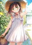  1girl bare_thighs basket blue_sky brown_hair choker clouds day dress floral_background flower frills green_eyes hat head_tilt looking_at_viewer medium_hair original plant rangu sky sleeveless sleeveless_dress smile solo standing straw_hat sun_hat sundress sunlight thighs white_dress 