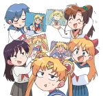  5girls :d ^_^ ^o^ aino_minako arm_behind_head bangs bishoujo_senshi_sailor_moon black_hair blonde_hair blue_eyes blue_hair blue_skirt blush blush_stickers brown_eyes brown_hair chibi circlet closed_eyes commentary double_bun drawing earrings grey_skirt hair_bun hair_ornament highres hino_rei jewelry kino_makoto long_hair long_sleeves looking_at_viewer mizuno_ami multiple_girls notebook open_mouth parted_bangs pleated_skirt ponytail sailor_collar sailor_moon sailor_moon_redraw_challenge school_uniform serafuku shirt short_hair simple_background skirt smile sweatdrop tsubobot tsukino_usagi twintails white_background white_shirt 