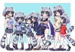  6+girls adapted_costume alternate_costume animal_ears bare_legs bare_shoulders black_legwear black_neckwear black_skirt blue_hair blue_sweater blush bow bowtie brown_eyes commentary_request common_raccoon_(kemono_friends) crocs crossed_arms denim denim_shorts elbow_gloves eyebrows_visible_through_hair fang fishnets full_body fur_collar gloves grey_hair hand_on_another&#039;s_shoulder height_difference highres holding_hands kemono_friends long_sleeves lucky_beast_(kemono_friends) multicolored_hair multiple_girls multiple_views navy_blue_jacket navy_blue_shirt ngetyan open_mouth palcoarai-san_(kemono_friends) pantyhose patchwork_skin pink_sweater pleated_skirt raccoon_ears raccoon_girl raccoon_tail red_eyes red_shirt school_uniform shirt short_hair short_shorts short_sleeves shorts simple_background skirt sleeveless socks sweat sweater t-shirt tail thigh-highs torn_clothes torn_legwear translation_request white_hair white_legwear yellow_shirt zettai_ryouiki zombie 
