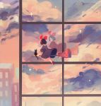  1girl artist_name beanynne black_cat black_dress black_hair broom cat closed_mouth clouds cloudy_sky dress flying from_behind highres kiki looking_away majo_no_takkyuubin red_footwear reflection shoes short_hair sky smile sparkle star star_(sky) witch 