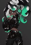  1girl alternate_hairstyle ass black_background black_jacket black_pants cephalopod_eyes commentary cowboy_shot dark_skin finger_to_mouth from_behind gradient_hair green_eyes green_hair green_skin hair_up half-closed_eyes hand_on_own_elbow headphones highres iida_(splatoon) jacket long_hair long_sleeves looking_at_viewer looking_back makeup mascara mole mole_under_mouth multicolored multicolored_hair multicolored_skin nomu pants parted_lips pink_pupils ponytail shiny shiny_clothes simple_background smile solo splatoon_(series) standing suction_cups tentacle_hair 