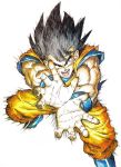  1boy absurdres annoyed attack black_eyes black_hair blue_footwear boots commentary cupping_hands dougi dragon_ball dragon_ball_z fighting_stance fingernails floating floating_hair frown full_body hands highres incoming_attack kamehameha legs_apart light looking_at_viewer male_focus messy_hair motion_blur muscle official_art open_mouth outstretched_arms screaming shaded_face simple_background son_gokuu speed_lines spiky_hair teeth toriyama_akira white_background wristband 